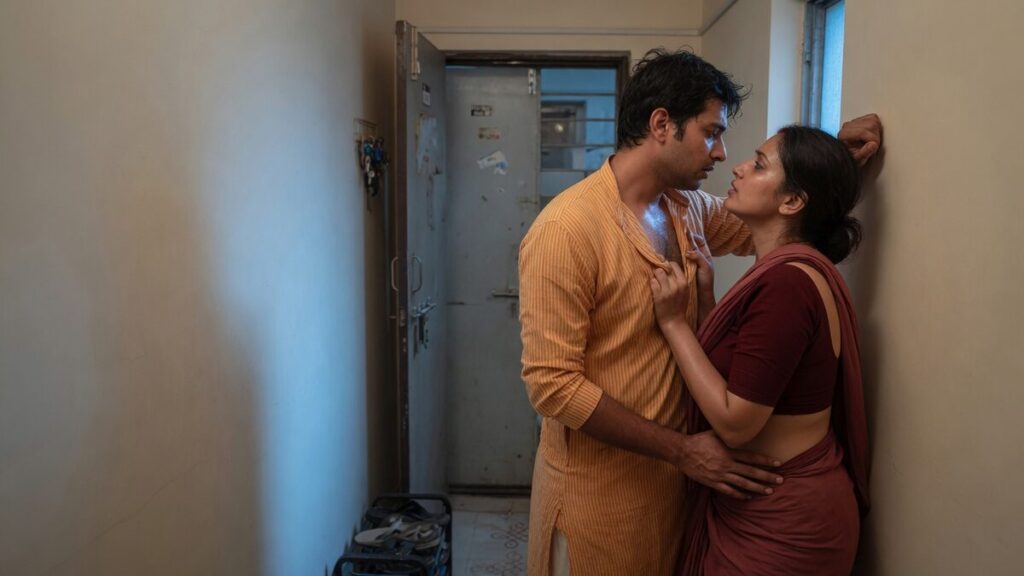 Two fully clothed adults, one adult Indian man and one adult Indian woman in an Indian apartment entry.