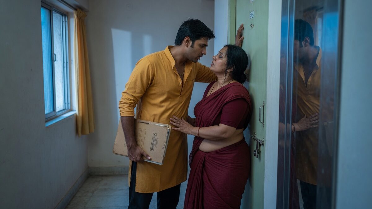 Two fully clothed adults, one adult Indian man and one adult Indian woman in an Indian apartment entry.