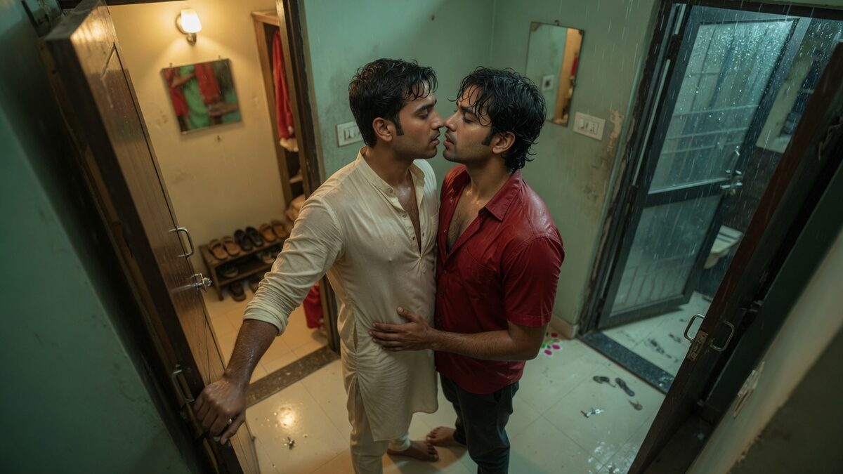 Two fully clothed adults, one adult Indian man and one adult Indian man in a contemporary Indian city apartment entry.