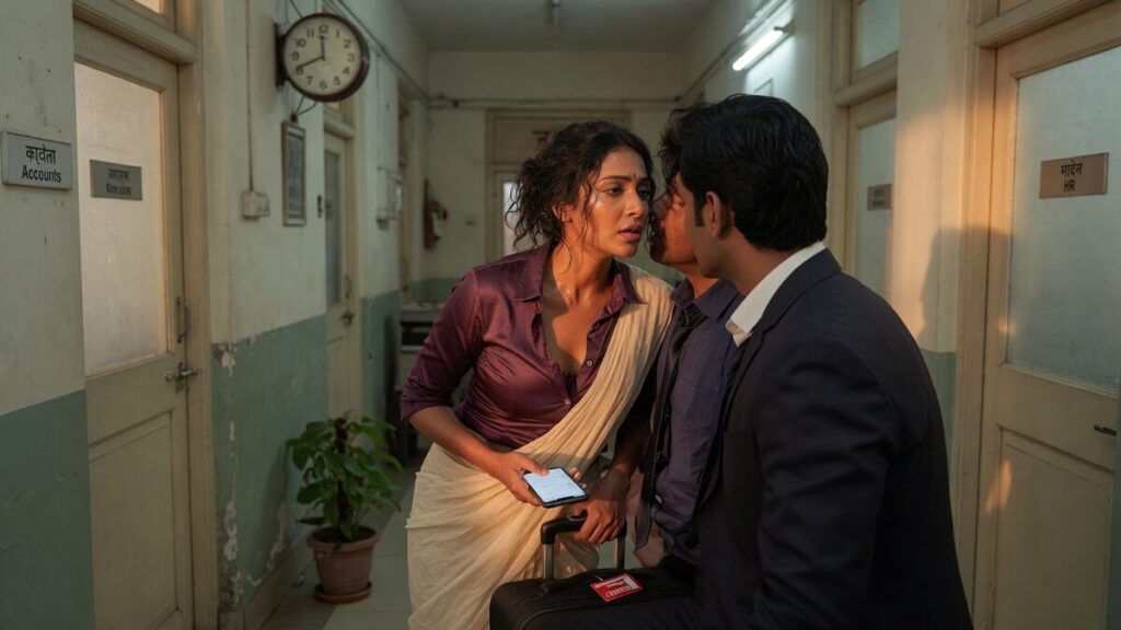 Two fully clothed fictional adult Indian colleagues, both clearly age 21 or older in an after-hours Indian office corridor, in early evening light, with a mobile phone and a small suitcase.