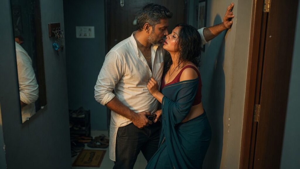 Two fully clothed adults, one adult Indian man and one adult Indian woman in an Indian apartment entry.