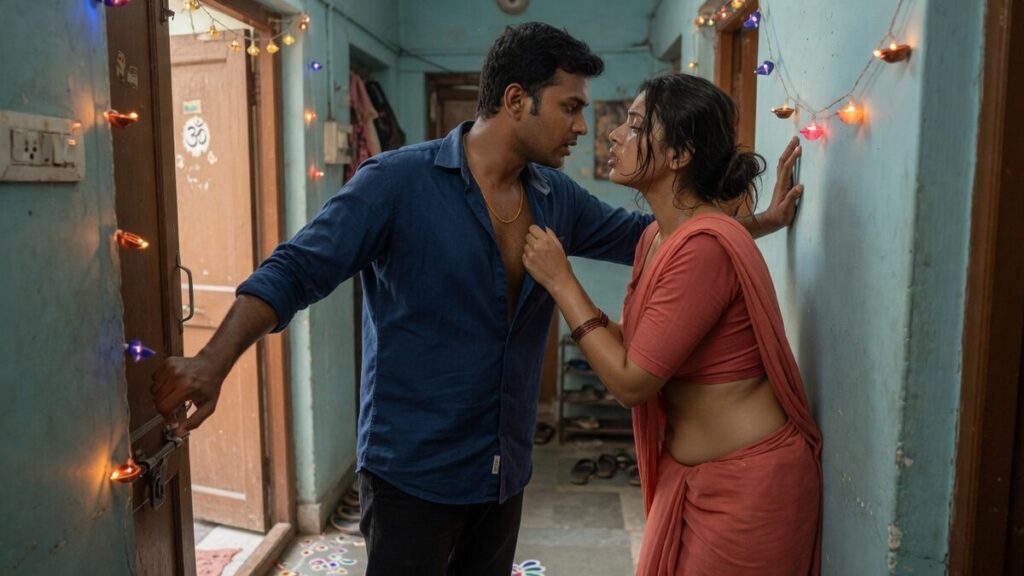 Two fully clothed adults, one adult Indian man and one adult Indian woman in an Indian apartment entry, with neutral natural lighting.