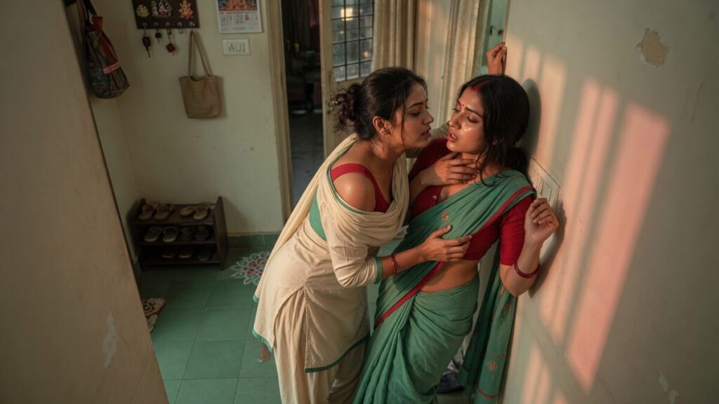 Two fully clothed adults, one adult Indian woman and one adult Indian woman in an Indian apartment entry.