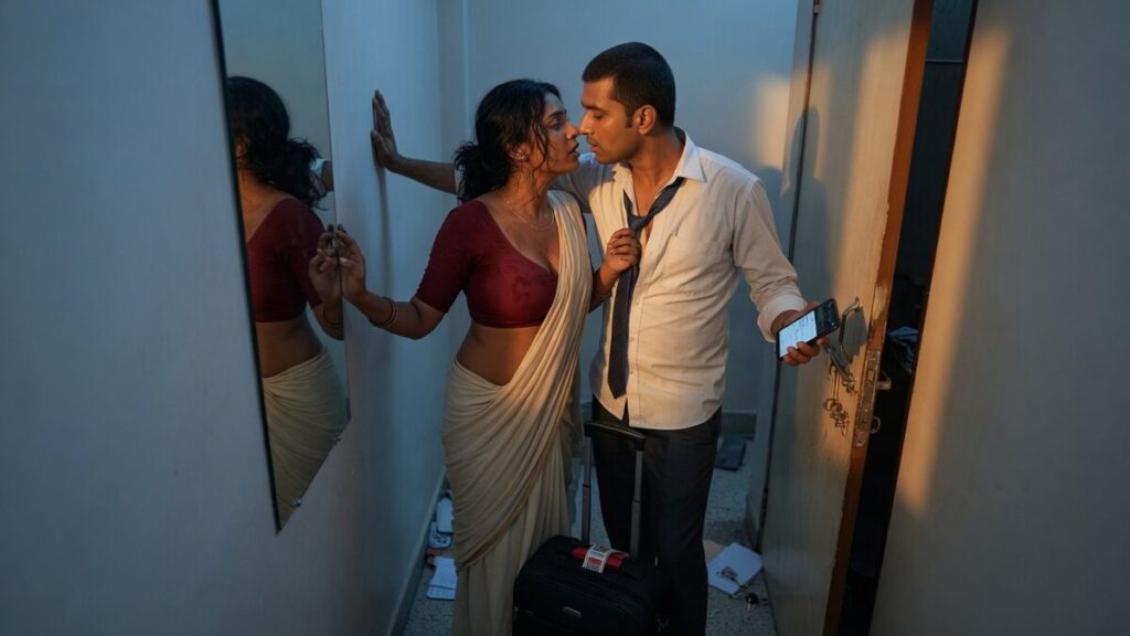 Two fully clothed fictional adult Indian colleagues, both clearly age 21 or older in a contemporary Indian city apartment entry, in early evening light, with a mobile phone and a small suitcase.