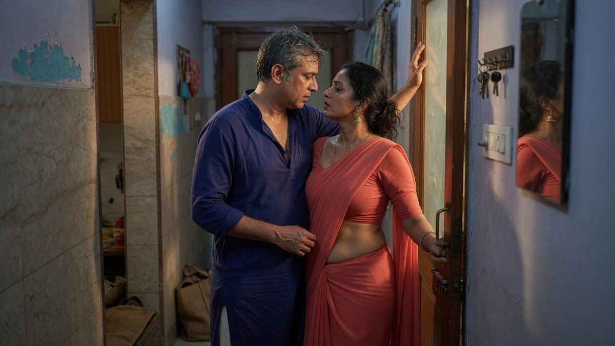 Two fully clothed adults, one adult Indian man and one adult Indian woman in a contemporary Indian city apartment entry.