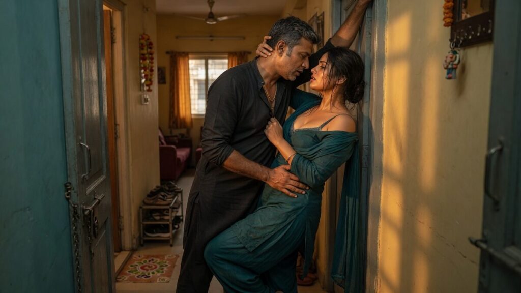 Two fully clothed adults, one adult Indian man and one adult Indian woman in an Indian apartment entry.
