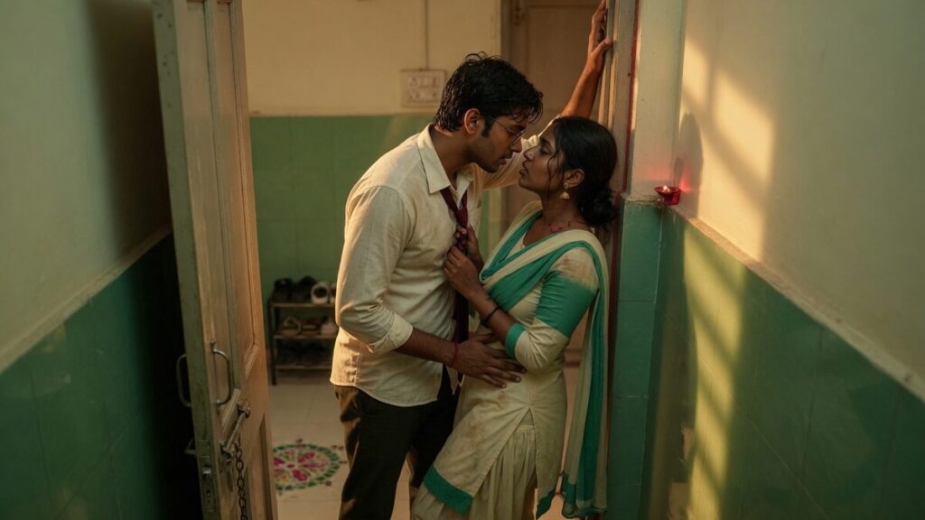 Two fully clothed adults, one adult Indian man and one adult Indian woman in an Indian apartment entry.