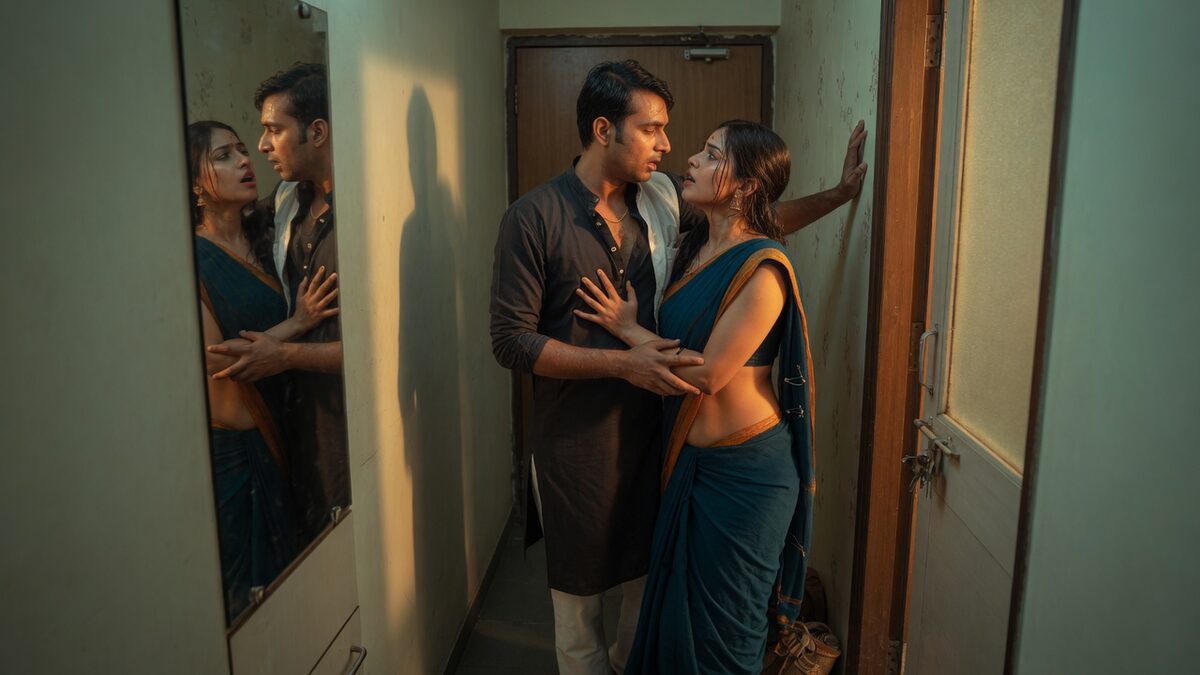 Two fully clothed adults, one adult Indian man and one adult Indian woman in a contemporary Indian city apartment entry.