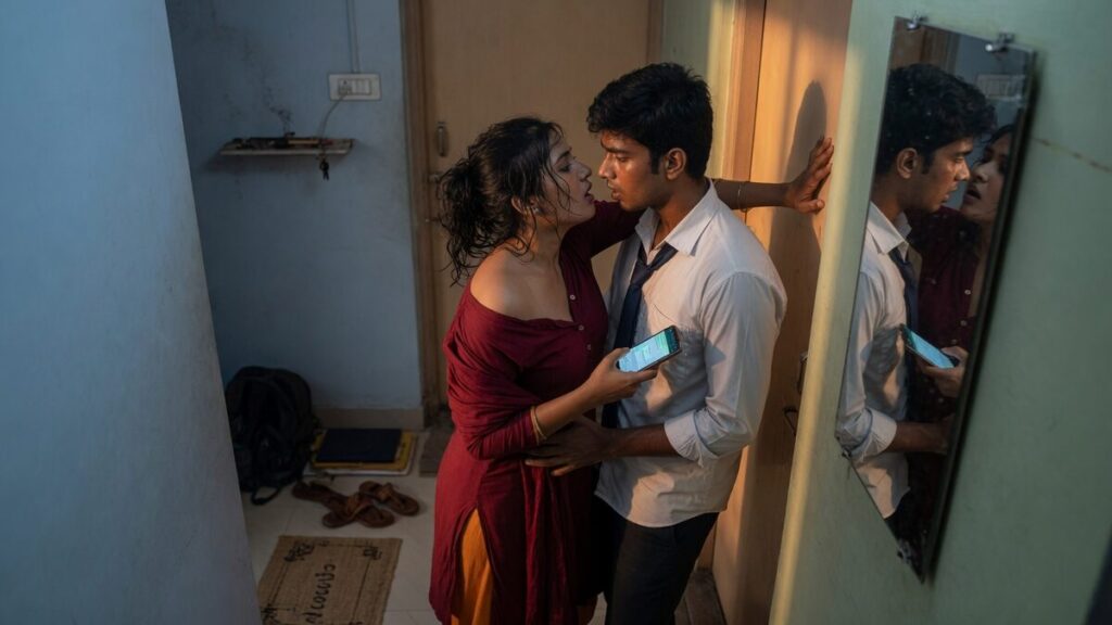 Two fully clothed fictional adult Indian postgraduate students, both clearly age 21 or older in an Indian apartment entry, in early evening light, with a mobile phone.