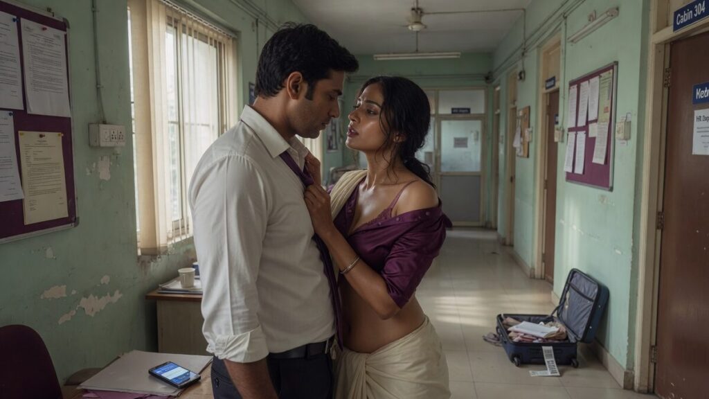 Two fully clothed fictional characters, one adult Indian man and one adult Indian person, both clearly age 21 or older in an after-hours Indian office corridor, in natural daytime light, with a mobile