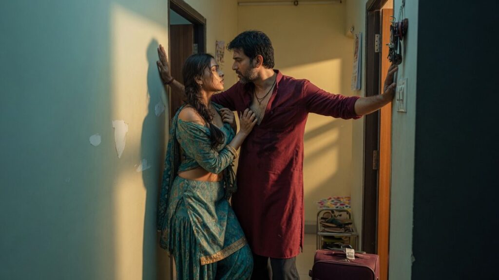 Two fully clothed adults, one adult Indian man and one adult Indian woman in an Indian apartment entry.
