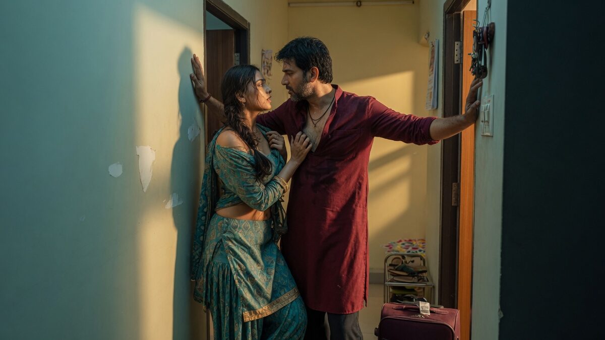 Two fully clothed adults, one adult Indian man and one adult Indian woman in an Indian apartment entry.