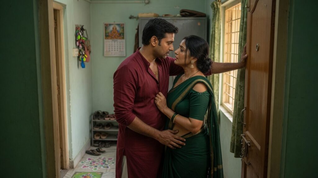 Two fully clothed adults, one adult Indian man and one adult Indian woman in an Indian apartment entry.