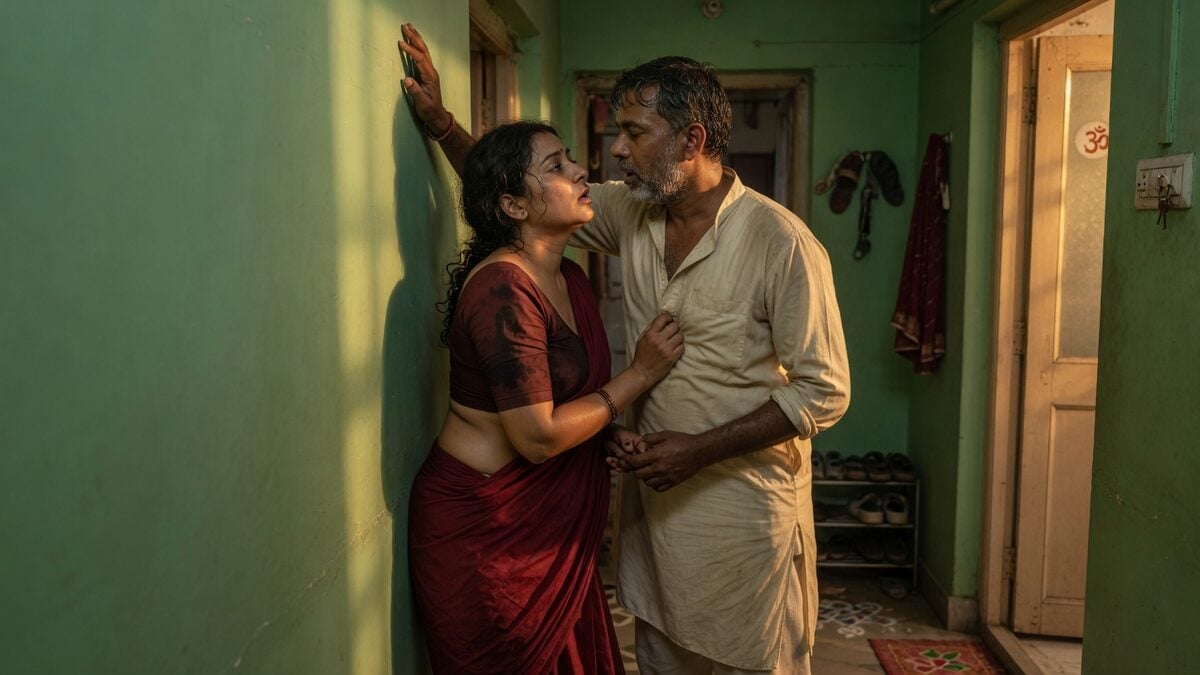 Two fully clothed adults, one adult Indian man and one adult Indian woman in an Indian apartment entry.