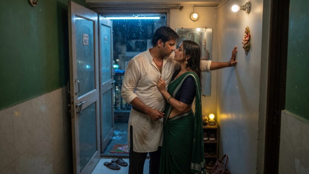 Two fully clothed adults, one adult Indian man and one adult Indian woman in a contemporary Indian city apartment entry.