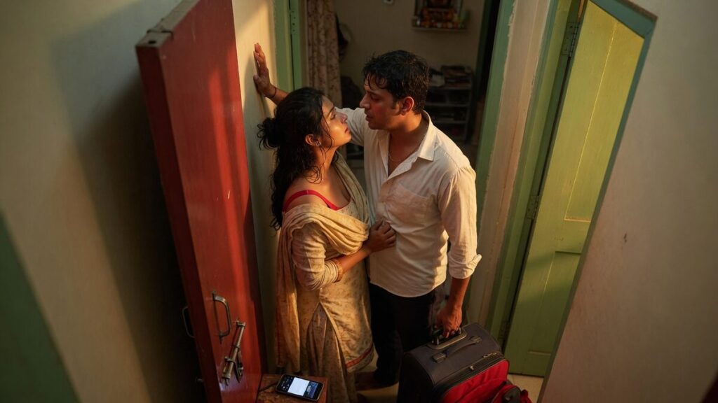 Two fully clothed fictional adult Indian household visitors, both clearly age 21 or older in an Indian apartment entry, in early evening light, with a mobile phone and a small suitcase.