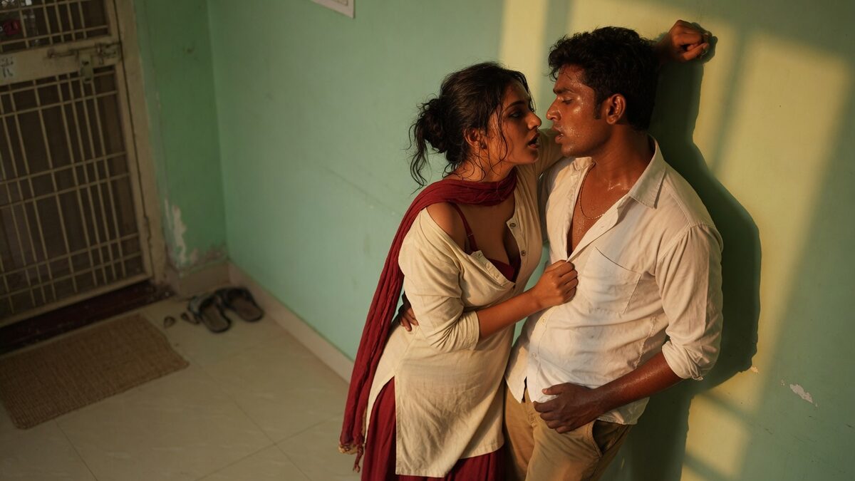 Two fully clothed adults, one adult Indian man and one adult Indian woman in an Indian apartment entry.