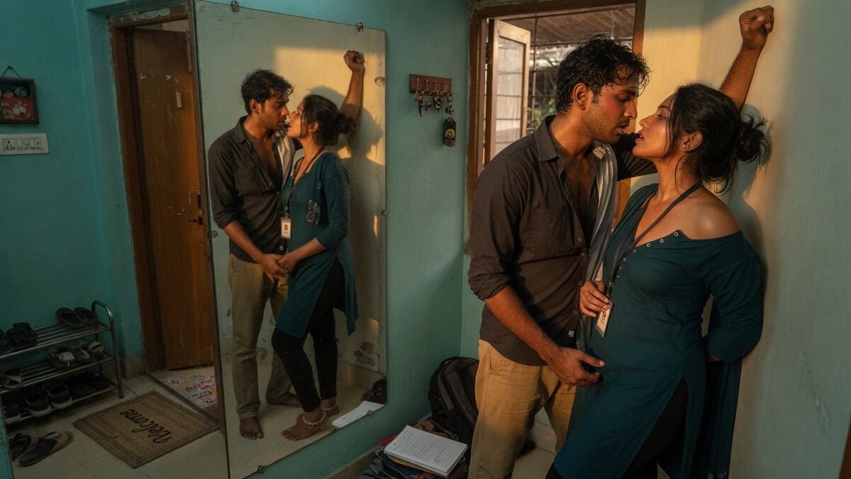 Two fully clothed adults, one adult Indian man and one adult Indian woman in an Indian apartment entry.