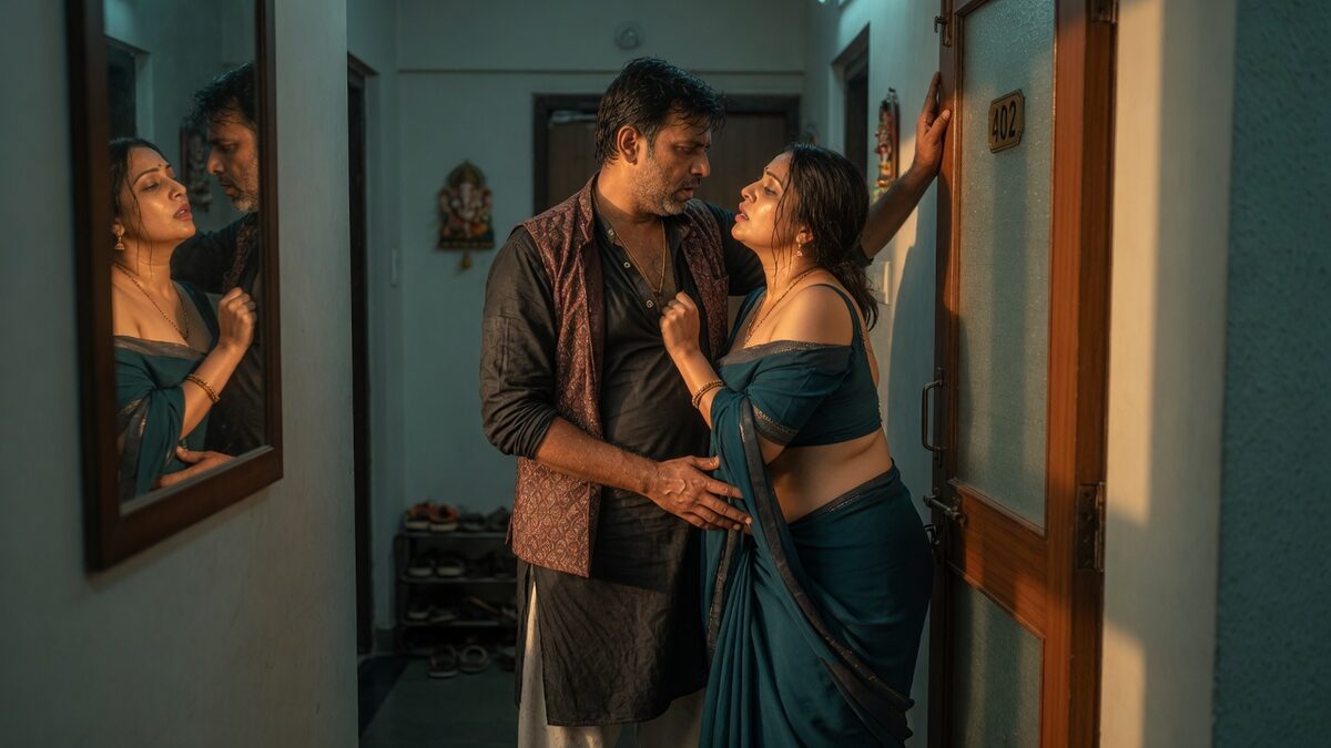 Two fully clothed adults, one adult Indian man and one adult Indian woman in a contemporary Indian city apartment entry.