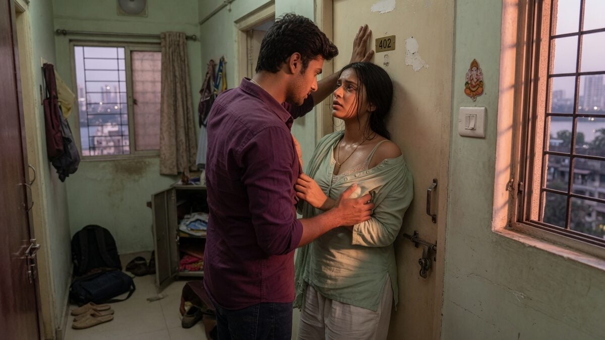 Two fully clothed adults, one adult Indian man and one adult Indian woman in a contemporary Indian city apartment entry.