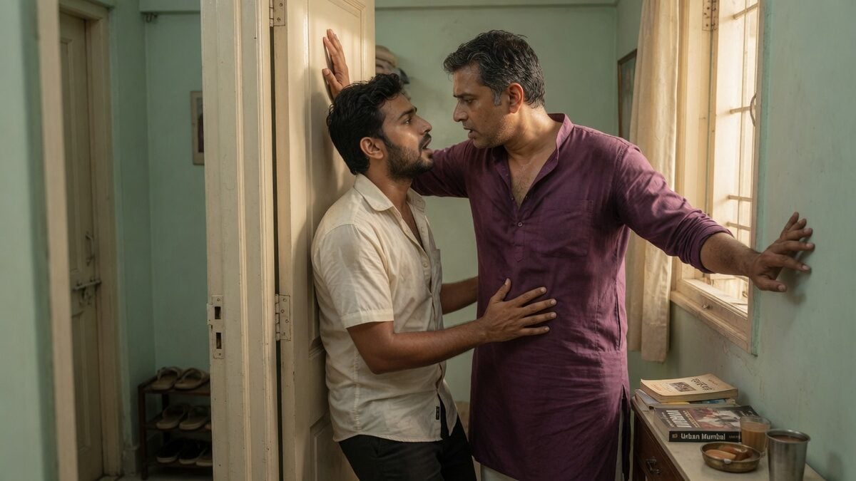 Two fully clothed adults, one adult Indian man and one adult Indian man in a contemporary Indian city apartment entry.