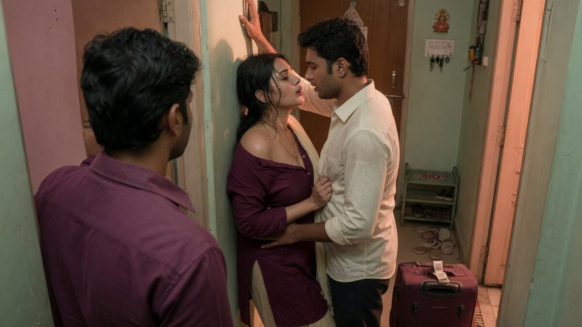 Two fully clothed adults, one adult Indian man and one adult Indian woman in an Indian apartment entry.