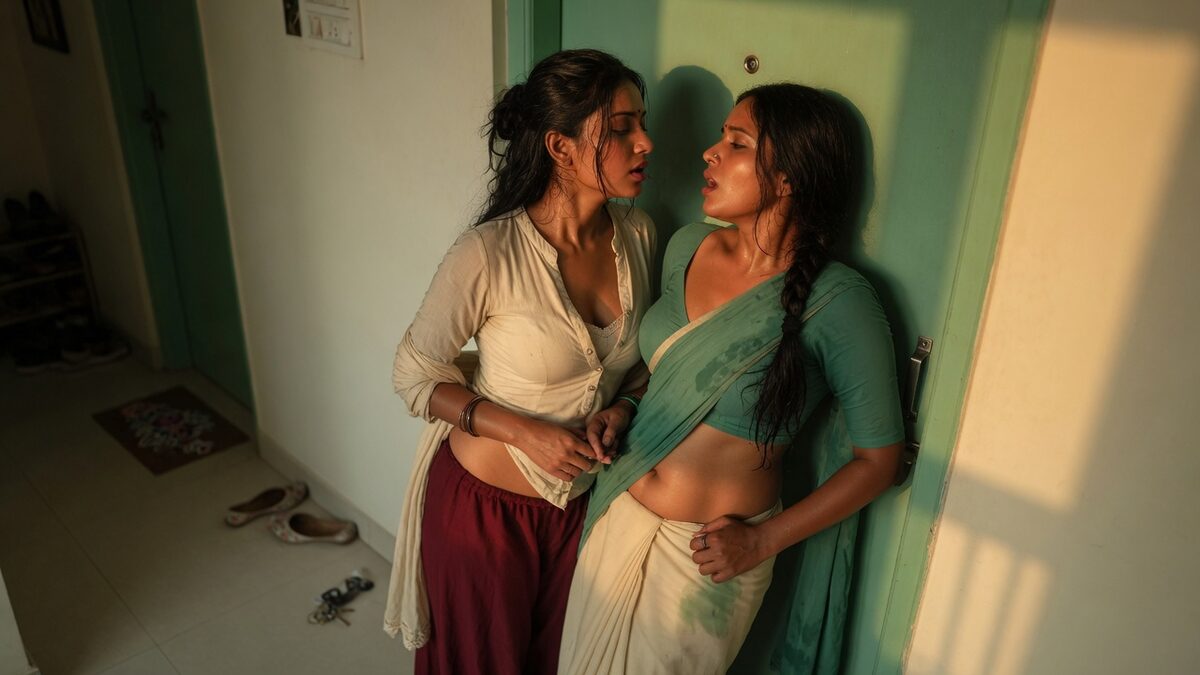 Two fully clothed adults, one adult Indian woman and one adult Indian woman in a contemporary Indian city apartment entry.