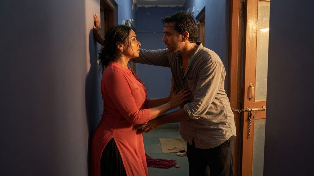 Two fully clothed adults, one adult Indian woman and one adult Indian man in a contemporary Indian city apartment entry.