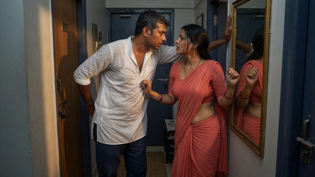 Two fully clothed adults, one adult Indian man and one adult Indian woman in a contemporary Indian city apartment entry.