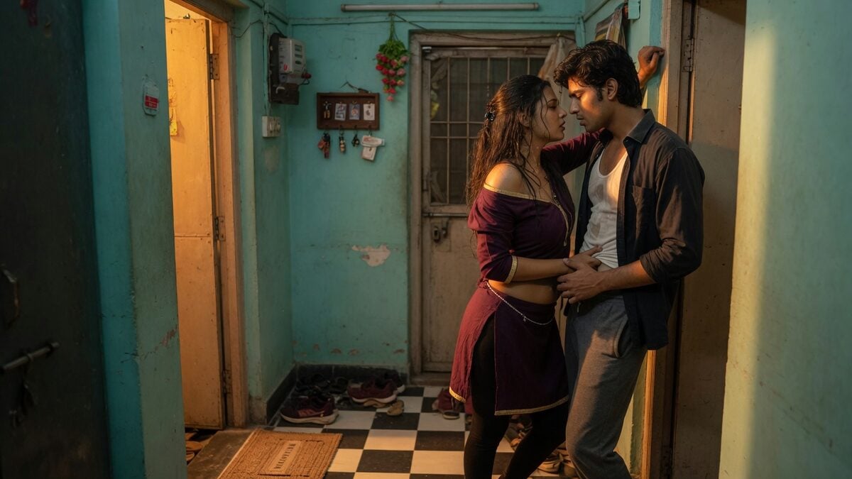 Two fully clothed adults, one adult Indian man and one adult Indian woman in an Indian apartment entry.