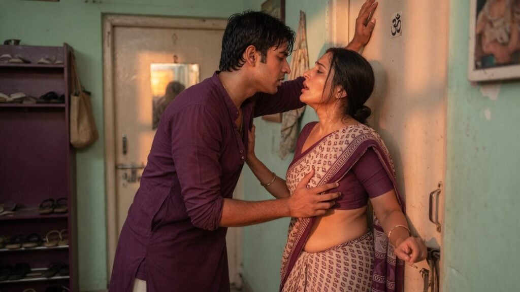Two fully clothed adults, one adult Indian man and one adult Indian woman in an Indian apartment entry.