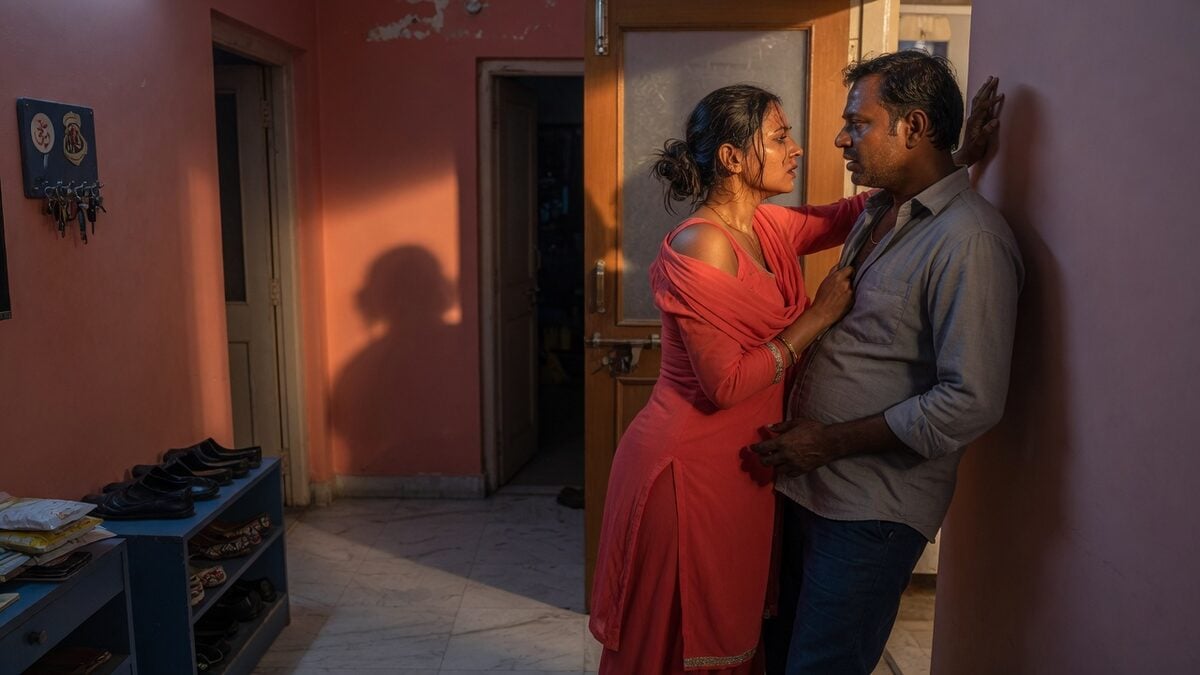 Two fully clothed adults, one adult Indian woman and one adult Indian man in a contemporary Indian city apartment entry.