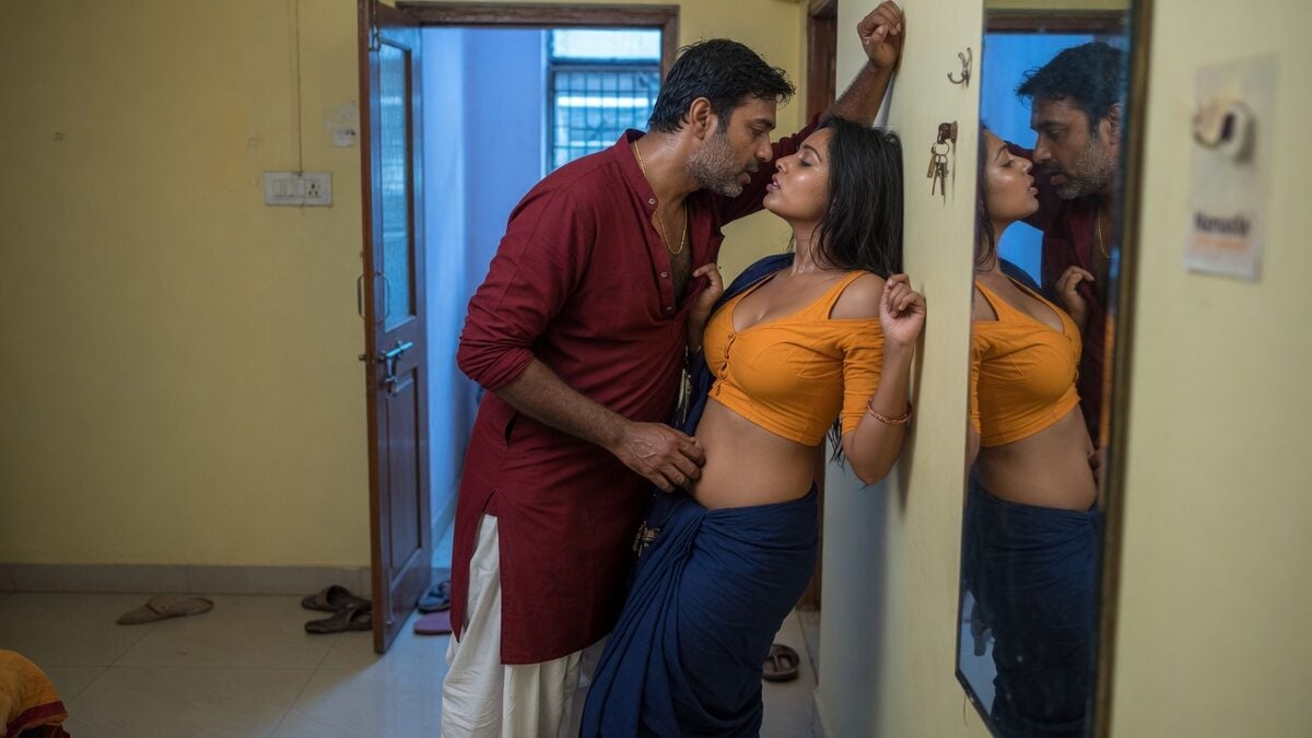 Two fully clothed adults, one adult Indian man and one adult Indian woman in an Indian apartment entry.
