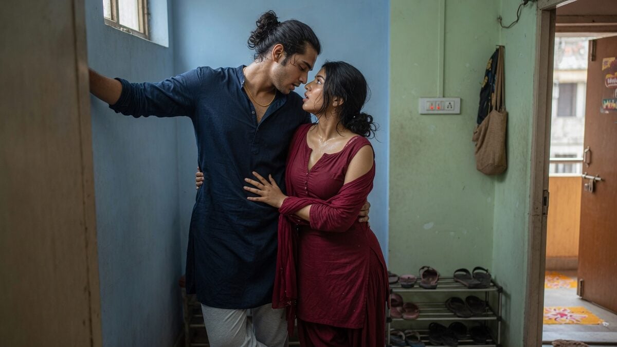 Two fully clothed adults, one adult Indian man and one adult Indian woman in an Indian apartment entry.