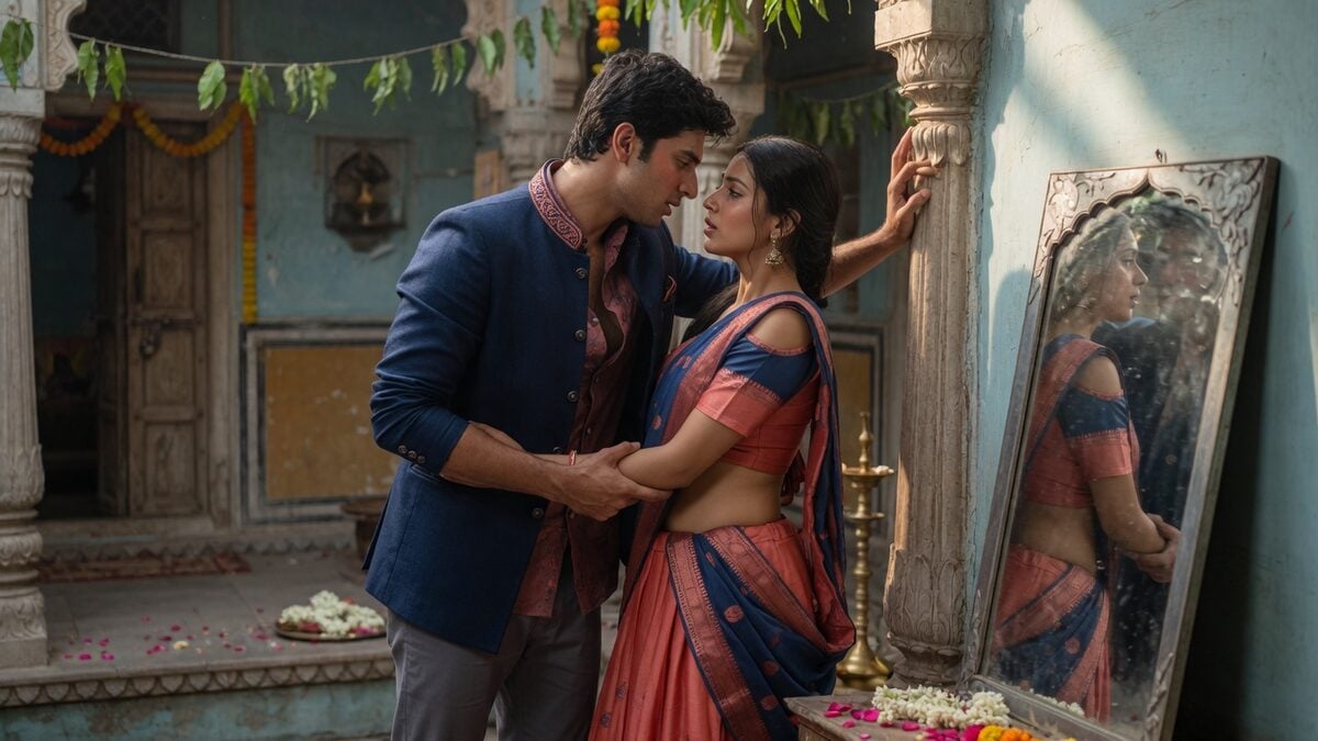 Two fully clothed adults, one adult Indian man and one adult Indian woman in a decorated Indian courtyard.