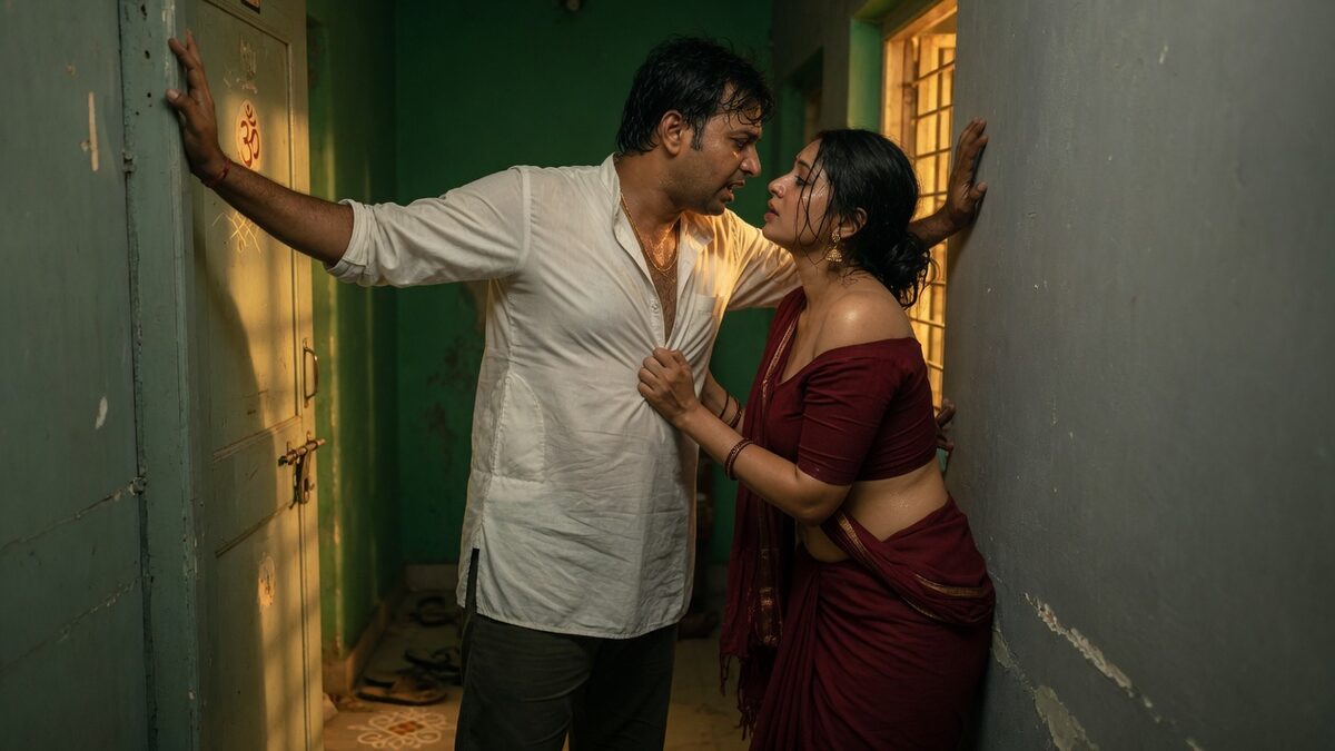 Two fully clothed adults, one adult Indian man and one adult Indian woman in an Indian apartment entry.