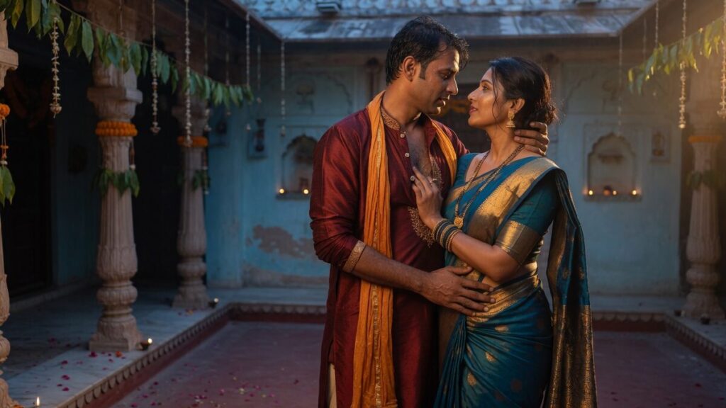 Two fully clothed adults, one adult Indian man and one adult Indian woman in a decorated Indian courtyard.