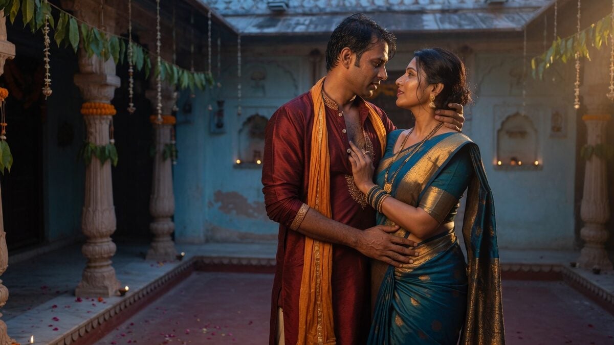 Two fully clothed adults, one adult Indian man and one adult Indian woman in a decorated Indian courtyard.
