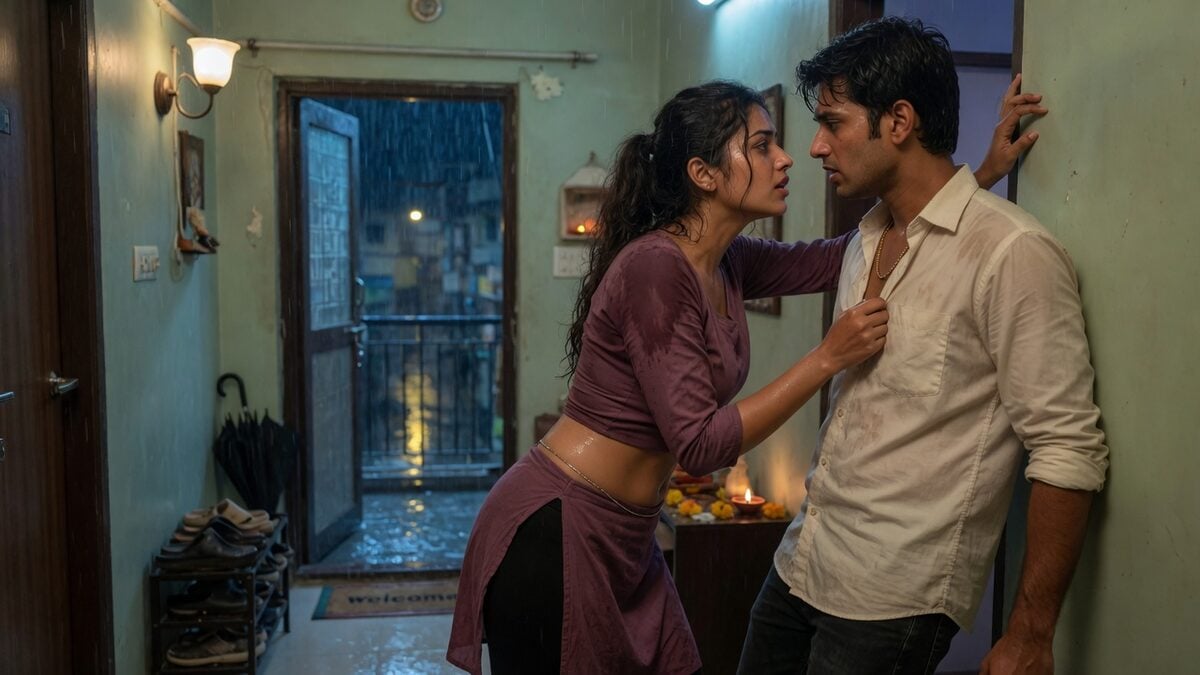Two fully clothed adults, one adult Indian man and one adult Indian woman in a contemporary Indian city apartment entry.