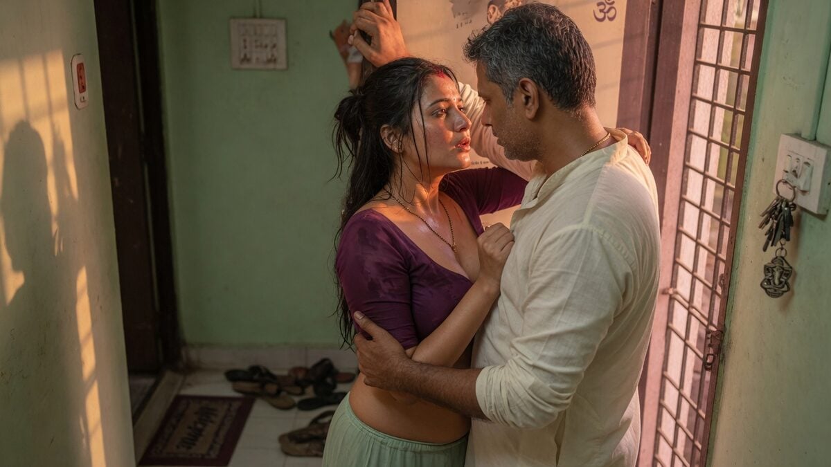 Two fully clothed adults, one adult Indian man and one adult Indian woman in an Indian apartment entry.