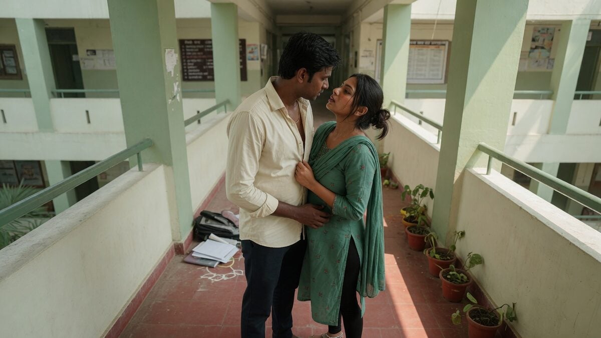 Two fully clothed adults, one adult Indian man and one adult Indian woman in an Indian postgraduate campus walkway.