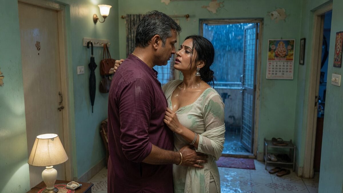 Two fully clothed adults, one adult Indian man and one adult Indian woman in a contemporary Indian city apartment entry.