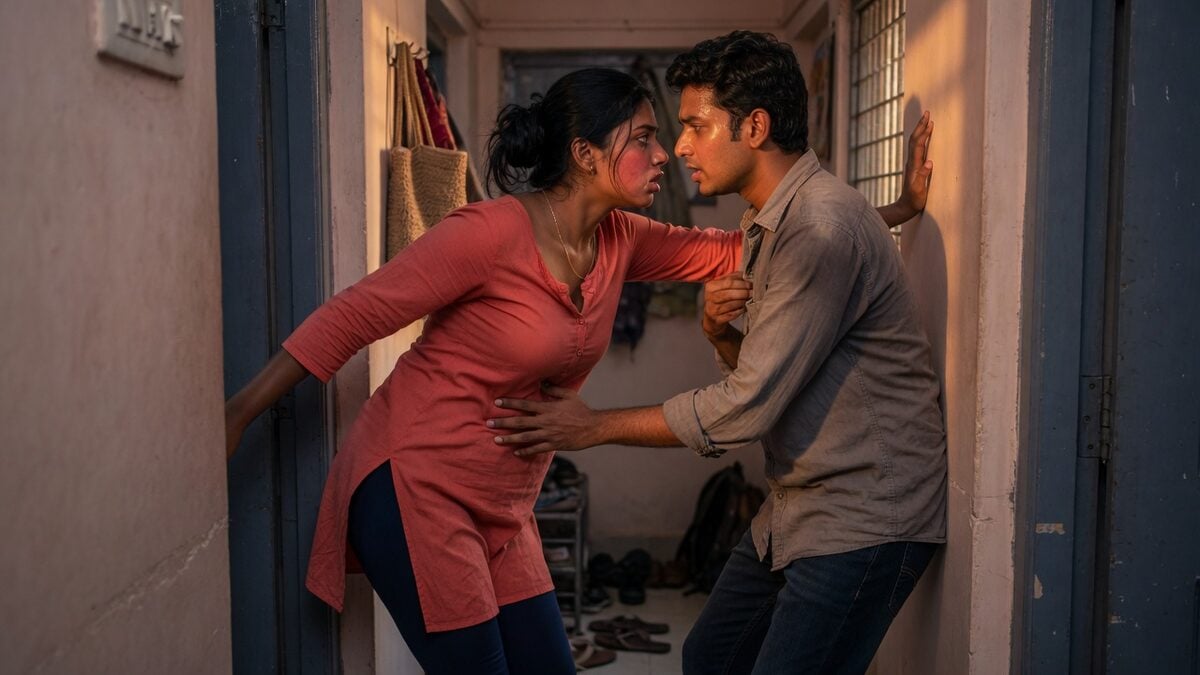 Two fully clothed adults, one adult Indian woman and one adult Indian man in an Indian apartment entry.