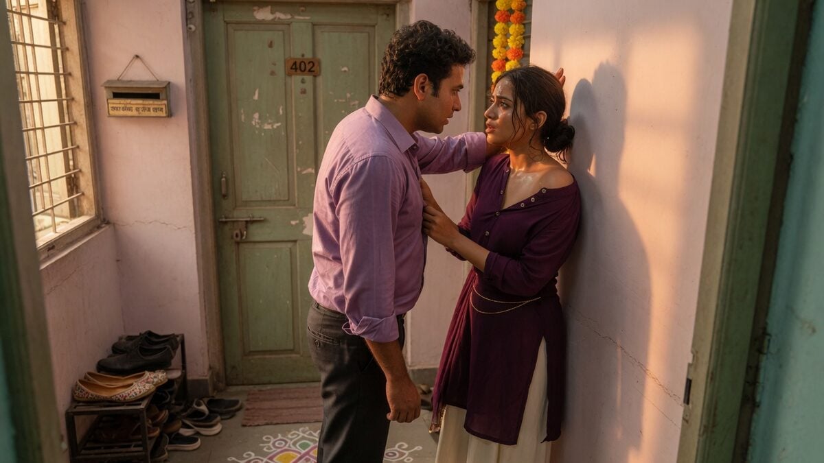 Two fully clothed adults, one adult Indian man and one adult Indian woman in an Indian apartment entry.
