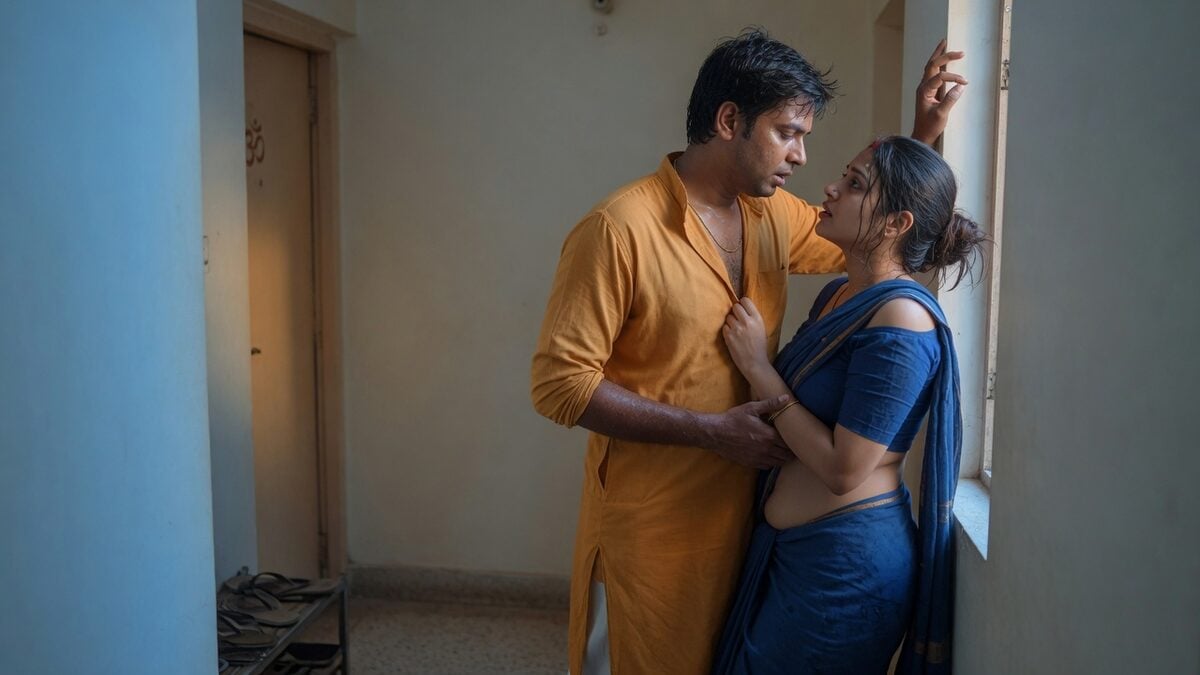 Two fully clothed adults, one adult Indian man and one adult Indian woman in an Indian apartment entry.