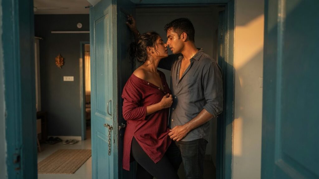 Two fully clothed adults, one adult Indian man and one adult Indian woman in a contemporary Indian city apartment entry.