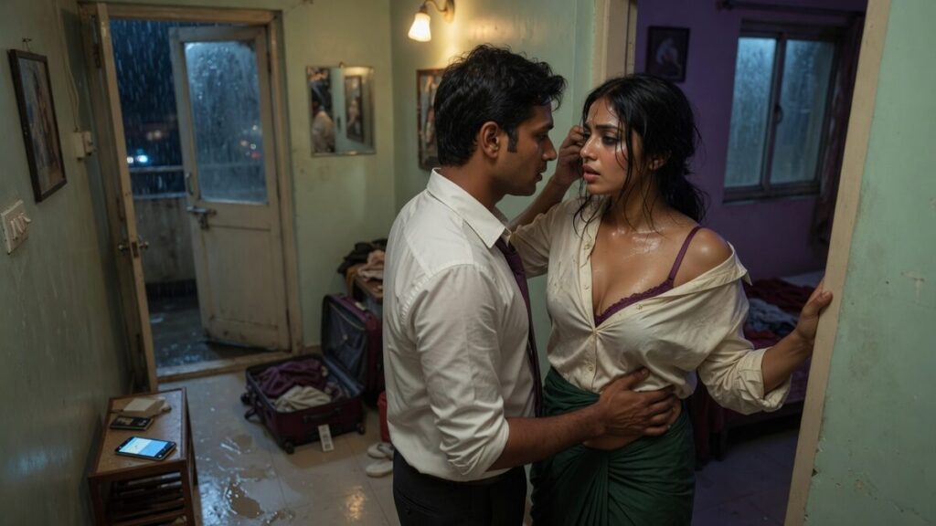 Two fully clothed fictional adult Indian colleagues, both clearly age 21 or older in an Indian apartment entry, at night with restrained practical lighting, with a mobile phone and a small suitcase.
