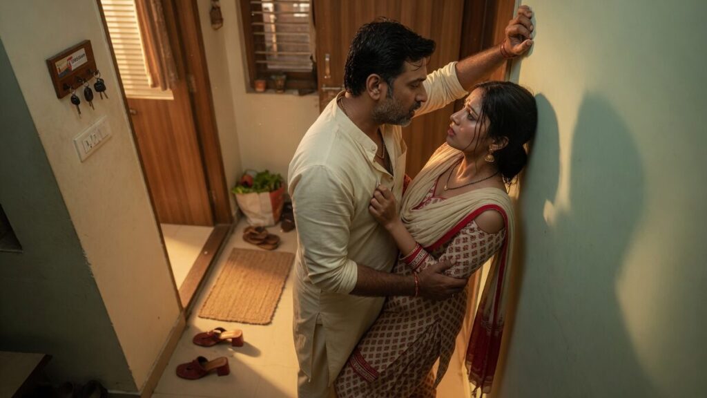 Two fully clothed adults, one adult Indian man and one adult Indian woman in a contemporary Indian city apartment entry.