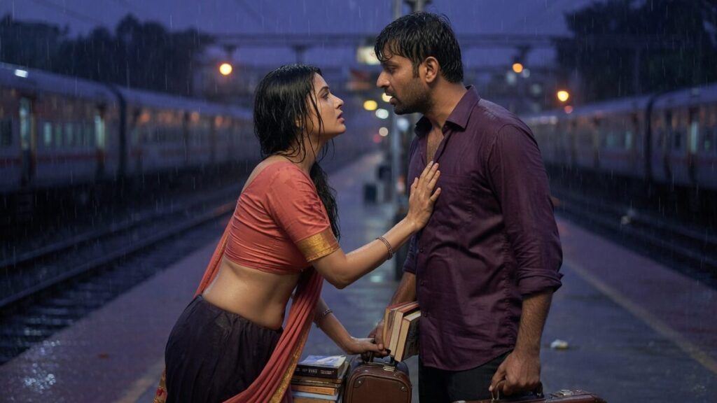Two fully clothed fictional characters, one adult Indian man and one adult Indian woman, both clearly age 21 or older in an Indian station platform, at night with restrained practical lighting, with a