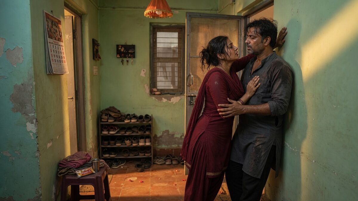 Two fully clothed adults, one adult Indian woman and one adult Indian man in an Indian apartment entry.